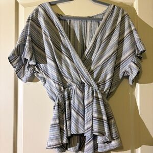 Gray and White Peplum Wrap Blouse with Flutter Sleeves